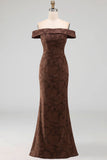 Mermaid Floral Off the Shoulder Brown Long Formal Dress