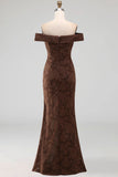 Mermaid Floral Off the Shoulder Brown Long Formal Dress
