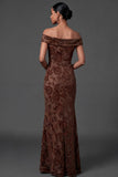 Mermaid Floral Off the Shoulder Brown Long Formal Dress