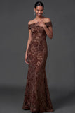 Mermaid Floral Off the Shoulder Brown Long Formal Dress