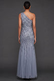 Sparkly Sequined Dusty Blue Mermaid One Shoulder Long Formal Dress