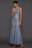 Sparkly Sequined Dusty Blue Mermaid One Shoulder Long Formal Dress