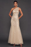 Sparkly Sequined Dusty Blue Mermaid One Shoulder Long Formal Dress