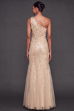 Sparkly Sequined Dusty Blue Mermaid One Shoulder Long Formal Dress