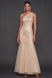 Sparkly Sequined Dusty Blue Mermaid One Shoulder Long Formal Dress
