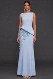 Light Blue Floral Mermaid Appliqued Long Formal Dress