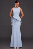 Light Blue Floral Mermaid Appliqued Long Formal Dress