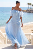 Light Blue Floral Ruffled Off the Shoulder A Line Long Formal Dress