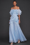 Light Blue Floral Ruffled Off the Shoulder A Line Long Formal Dress