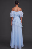 Light Blue Floral Ruffled Off the Shoulder A Line Long Formal Dress