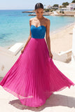 Fuchsia and Blue Pleated A Line Sweetheart Long Formal Dress