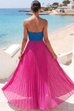 Fuchsia and Blue Pleated A Line Sweetheart Long Formal Dress