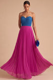 Fuchsia and Blue Pleated A Line Sweetheart Long Formal Dress