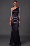 Black Mermaid One Shoulder Beaded Long Formal Dress