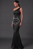 Black Mermaid One Shoulder Beaded Long Formal Dress