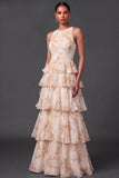 Tiered Floral A Line Champagne Long Formal Dress