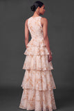 Tiered Floral A Line Champagne Long Formal Dress