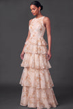 Tiered Floral A Line Champagne Long Formal Dress