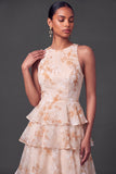 Tiered Floral A Line Champagne Long Formal Dress