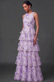 Lilac Floral Tiered Appliqued Long Formal Dress