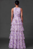 Lilac Floral Tiered Appliqued Long Formal Dress