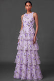 Lilac Floral Tiered Appliqued Long Formal Dress
