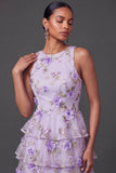 Lilac Floral Tiered Appliqued Long Formal Dress