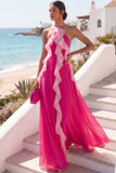 Fuchsia Ruffled Halter Neck Backless Long Formal Dress