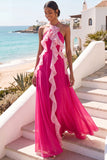 Fuchsia Ruffled Halter Neck Backless Long Formal Dress