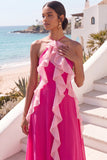 Fuchsia Ruffled Halter Neck Backless Long Formal Dress