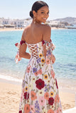 Floral A Line Off the Shoulder Embroidered Long Formal Dress
