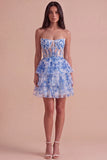 White Blue Floral Strapless A-Line Corset Ruffled Tiered Short Cocktail Dress