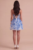 White Blue Floral Strapless A-Line Corset Ruffled Tiered Short Cocktail Dress