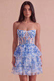 White Blue Floral Strapless A-Line Corset Ruffled Tiered Short Cocktail Dress