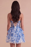 White Blue Floral Strapless A-Line Corset Ruffled Tiered Short Cocktail Dress