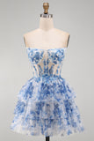 White Blue Floral Strapless A-Line Corset Ruffled Tiered Short Cocktail Dress