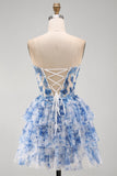 White Blue Floral Strapless A-Line Corset Ruffled Tiered Short Cocktail Dress