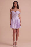 Sparkly Lilac Sequins Corset A-Line Off the Shoulder Short Cocktail Dress