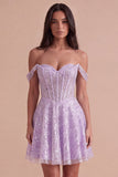 Sparkly Lilac Sequins Corset A-Line Off the Shoulder Short Cocktail Dress