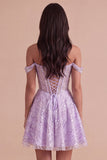 Sparkly Lilac Sequins Corset A-Line Off the Shoulder Short Cocktail Dress