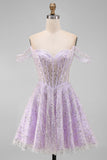 Sparkly Lilac Sequins Corset A-Line Off the Shoulder Short Cocktail Dress