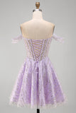 Sparkly Lilac Sequins Corset A-Line Off the Shoulder Short Cocktail Dress