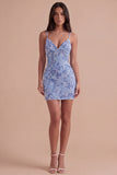 Blue Sparkly Beaded Floral Bodycon Spaghetti Straps Short Cocktail Dress