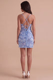 Blue Sparkly Beaded Floral Bodycon Spaghetti Straps Short Cocktail Dress