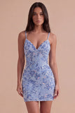Blue Sparkly Beaded Floral Bodycon Spaghetti Straps Short Cocktail Dress