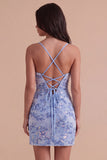 Blue Sparkly Beaded Floral Bodycon Spaghetti Straps Short Cocktail Dress