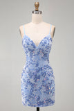 Blue Sparkly Beaded Floral Bodycon Spaghetti Straps Short Cocktail Dress