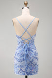 Blue Sparkly Beaded Floral Bodycon Spaghetti Straps Short Cocktail Dress