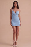 Sparkly Blue Spaghetti Straps Bodycon Short Cocktail Dress with Rhinestone