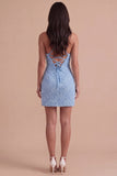 Sparkly Blue Spaghetti Straps Bodycon Short Cocktail Dress with Rhinestone
